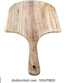 Well used and worn wood pizza paddle. Isolated.