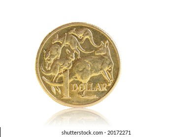 A well worn Australian dollar, isolated on white.