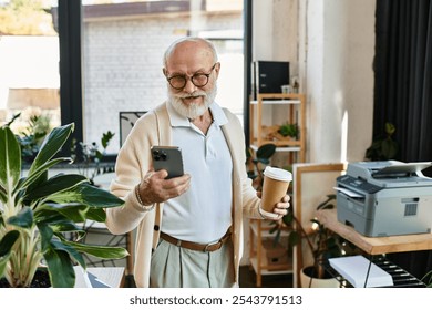 A well-dressed senior manager checks his phone while savoring a cup of coffee in an elegant workspace. - Powered by Shutterstock