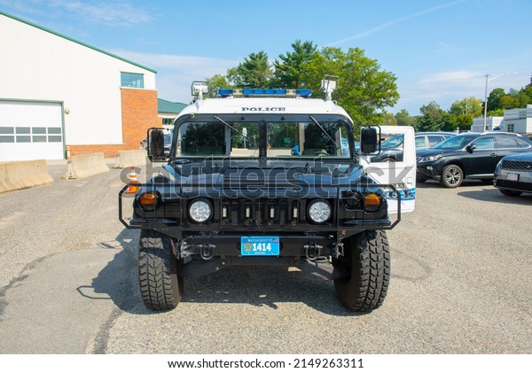 WELLESLEY, MA,\
USA - OCT. 2, 2021: Wellesley antique Hummer H1 Police car in town\
of Wellesley, Massachusetts MA, USA.\
