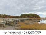 Wellfleet, MA October 28 2024 - A scenic view of Uncle Tom’s Bridge in Wellfleet, Massachusetts, surrounded by marsh grasses and colorful autumn trees, stretching over Duck Creek on Cape Cod.