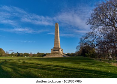 Wellington Monument obelisk, Phoenix Park, Dublin. The 62m tall structure also known as the Wellington Testimonial is a popular attraction and commemorates the battles won by the Duke of Wellington.
