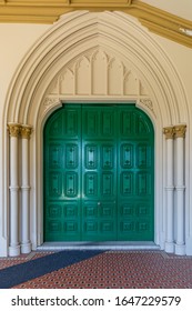 Wellington, New Zealand - 28 December 2019: Main entrance door to the New Zealand Parliamentary Library,  designed in Gothic revival style and completed in 1899.