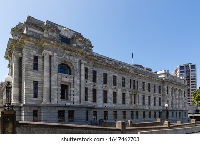 Wellington, New Zealand - 28 December 2019: The Parliament House (backside) which contains debating chamber, Speaker's office, visitors' centre, and committee rooms.