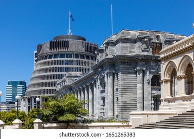 Wellington, New Zealand - 28 December 2019: The Parliamentary Buildings - Beehive, Parliament House and Parliamentary Library