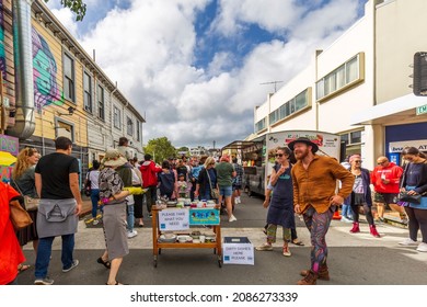 Wellington, New Zealand - April 11, 2021: People enjoying a cloudy day at Newtown Vintage Market in Wellington, New Zealand.