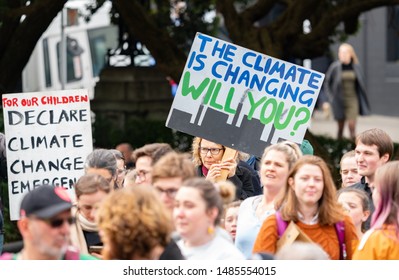 Wellington, New Zealand, August 23 2019: Protesters Outside New Zealand's Parliament Calling For Action On Climate Change And Global Warning