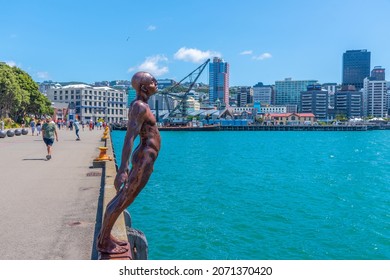 WELLINGTON, NEW ZEALAND, FEBRUARY 8, 2020:Solace in the Wind (The Naked Man) statue in Port of Wellington, New Zealand