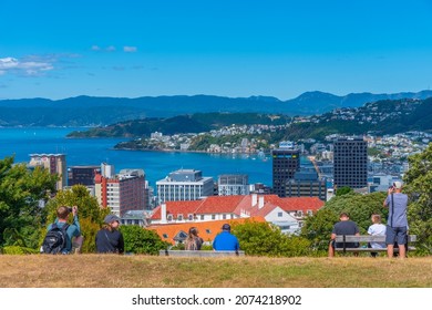 WELLINGTON, NEW ZEALAND, FEBRUARY 9, 2020: People are watching skyline of Wellington from Wellington botanic gardens, New Zealand