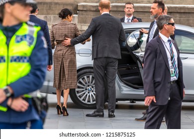 Wellington, New Zealand - October 28, 2018: The Duke and Duchess of Sussex departing the Wellington War Memorial in New Zealand.