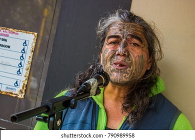 Wellington, North Island / New Zealand - June 1st 2017: Maori Man With Ta Moko Busking In Wellington