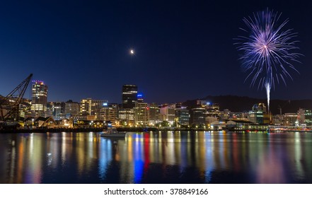 Wellington Water Front  New Year Celebration. Beautiful Cityscape And Fireworks.