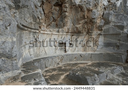 The well-known relief of a Rhodian trireme, warship, cut into the rock at the foot of the steps leading to the acropolis. The relief dates from about 180 BC. Lindos, Rhodes Island, Dodecanese, Greece