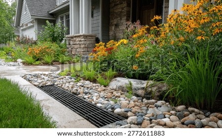 A well-maintained front yard features a modern drainage system, river rocks, and vibrant, drought-tolerant plants leading to a welcoming home entrance.