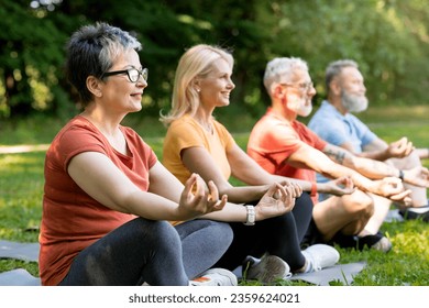 Wellness Concept. Group Of Smiling Senior People Meditating Together Outdoors, Diverse Mature Men And Women Practicing Yoga Outside, Sitting In Lotus Position, Keeping Hands In Mudra Gesture - Powered by Shutterstock