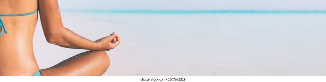 Wellness Luxury Spa Yoga Retreat Woman Meditating On Beach With Hands In Chakra Position Banner Panorama Background.