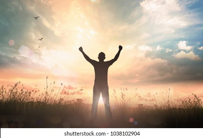 Wellness Recovery Action Plan (WRAP) concept: Silhouette of man raised hands at autumn sunset meadow background - Shutterstock ID 1038102904