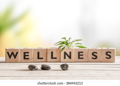 Wellness sign with wooden cubes and flowers and stones - Shutterstock ID 384943213