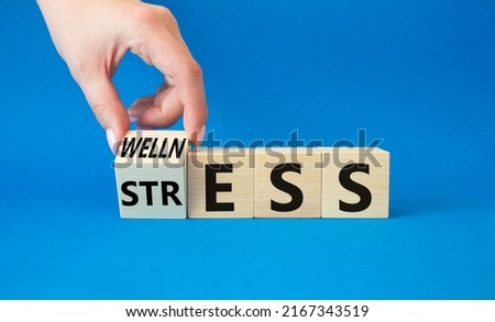 Wellness and Stress symbol. Wooden cubes with word Wellness and Stress. Beautiful blue background. Business and Wellness and Stress concept. Copy space.