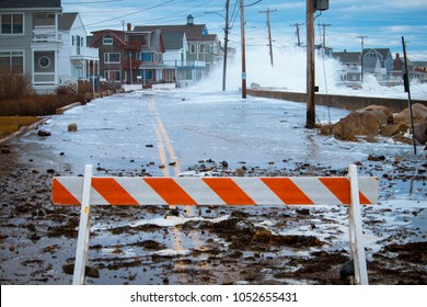 Wells, Maine, USA: March 3, 2018: Storm Waves Crash Over The Seawall Causing Massive Flooding, Power Outages, Road Closures, And Erosion Damage Along The Maine Coast.