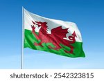 The Welsh flag features a red dragon on a green and white background. The dragon symbolizes Welsh pride and heritage. The flag waves against a clear blue sky. Flag of Wales.