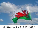 Welsh flag   flying  agains  blue sky  wales