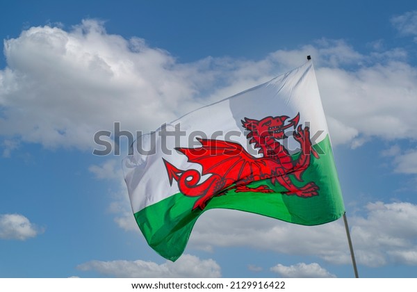 Welsh flag  \
flying  agains  blue sky \
wales