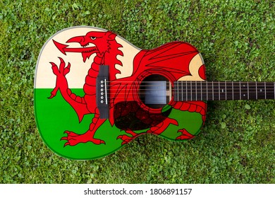 Welsh  Flag Motif Painted On Wooden Steel String Acoustic Guitar