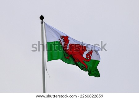 Welsh Flag on a Flagpole on White Clouds Background