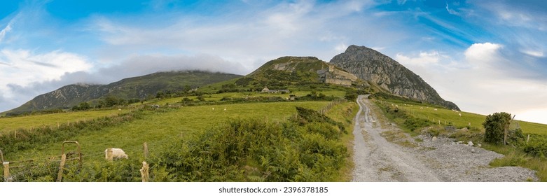 Welsh landscape on the Llyn Peninsula - view towards Yr Eifl and Trefor Quarry, near Trefor, Gwynedd, Wales, UK