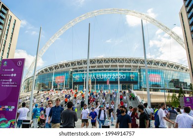 WEMBLEY, LONDON, ENGLAND- 13 June 2021: Football fans leaving Wembley Stadium after England's win against Croatia in the EUROS game