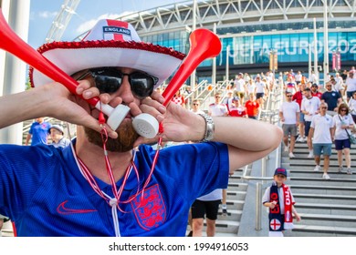 WEMBLEY, LONDON, ENGLAND- 13 June 2021: Triumphant England Football Fan After England's Win Against Croatia In The EUROS Game At Wembley