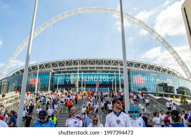 WEMBLEY, LONDON, ENGLAND- 13 June 2021: Football fans leaving Wembley Stadium after England's win against Croatia in the EUROS game