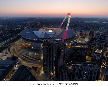 Wembley, London, UK 26 March 2022.  Evening drone shot of Wembley Stadium during England vs Switzerland match