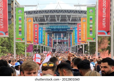 Wembley Park, London - July 11, 2021: A crowd of England fans gathered outside Wembley Stadium for the final UEFA EURO 2020 match.