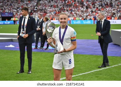 Wembley Stadium, London, England - 31 July 2022: Leah Williamson holding the Women's European Championship Trophy after winning with England 