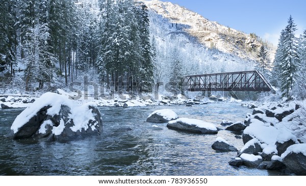 Winter Leaves Snow Ice Wenatchee River Washington Stock Image Image