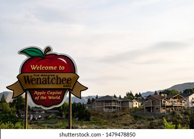 Wenatchee, Washington - July 4, 2019: Large welcome sign to the Wenatchee area of Washington State, the apple capital of the world