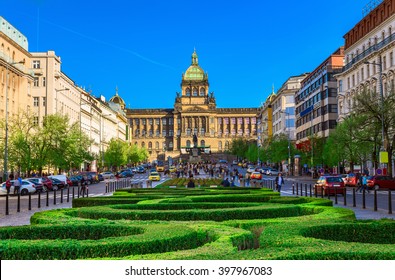 Wenceslas square and National Museum in Prague, Czech Republic