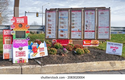 
Wendy's Restaurant Drive Thru Menu Ordering Signs, Burlington Massachusetts USA, November 25 2021