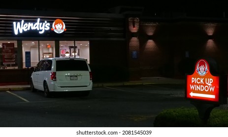 
Wendy's Restaurant Drive Thru Pick Up Window Open Late Night Hours, Revere Massachusetts USA, November 17 2021