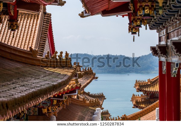 Wenwu Temple in Sun and Moon\
Lake, Taiwan - March1, 2018: Close up Roof top of Chinese Temple\
style.