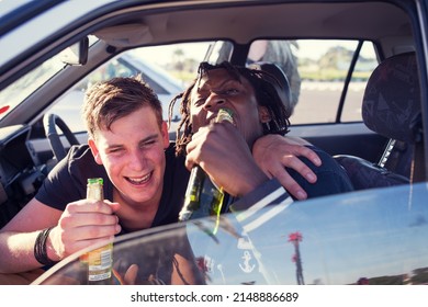 Were drinking, but we aint driving. Real party of guys and girls getting drunk. - Shutterstock ID 2148886689