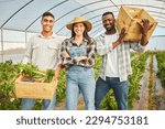 Were here to grow. Cropped shot of three young people working on a farm.