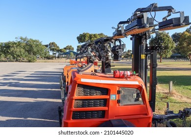 Werribee, Vic Australia - December 31 2021: Row Of Lighting Hire Equipment In Outdoor Park In Readiness For New Years Eve