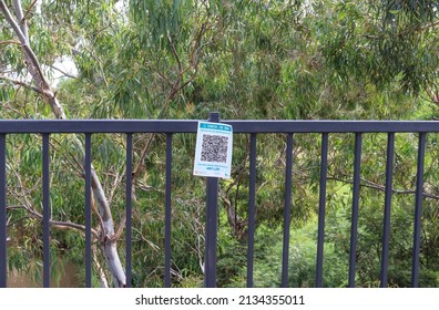 Werribee, Vic Australia - March 7 2022: QR Code Check In On Fence In Parkland