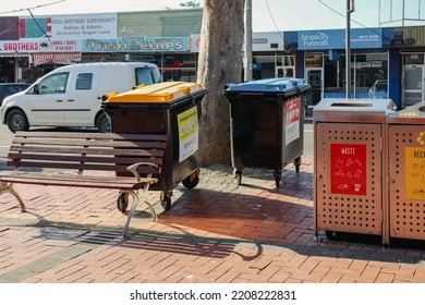 Werribee, Vic Australia - September 22 2022: Urban Street Scene With Council Waste Skip Bins And Street Waste Recycling Bins