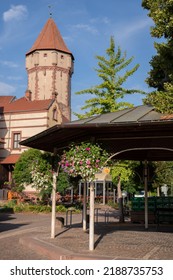 Wertheim Am Main, Baden Wurttemberg, Germany, July, 27th, 2022: Mainplatz at Wertheim Am Main with Spitzer Turm in the background.