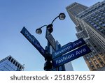 West 34th Street and Seventh Avenue, also called as Fashion Avenue crossroads street sign in New York City