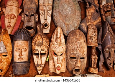 West African Art Masks On Display At At Outdoor Market In Accra Ghana